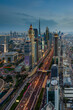 This view looks southbound, past the Dubai International Finance Centre and Burj Khalifa towards the Burj Al Arab and Dubai Marina.