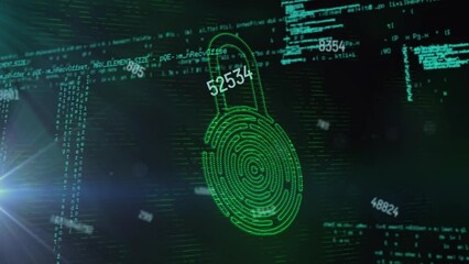 Poster - Animation of changing numbers, fingerprint in padlock and computer language over black background