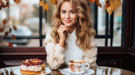 Sticker - A woman sitting at a table with two plates of cake