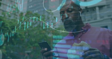 Poster - Animation of trading board, senior african american man eating burger and scrolling on cellphone