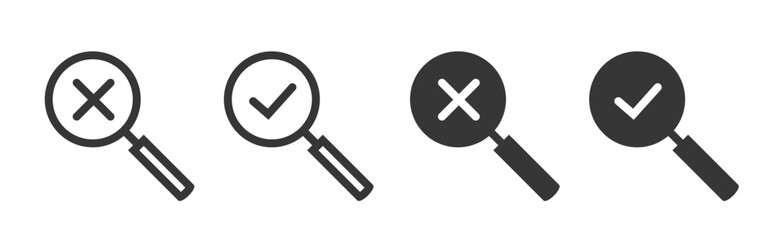Poster - Search magnifier glass check mark icon vector simple graphic pictogram set, review verify pass tick and declined error cross symbol web glyph loupe line outline art image clipart interface ui sign