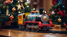 Closeup Portrait Of A Toy Train In Wooden Table Top With Christmas Decoration
