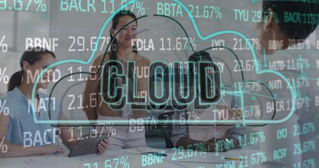 Poster - Animation of cloud text in cloud, trading board, diverse coworkers discussing and shaking hands
