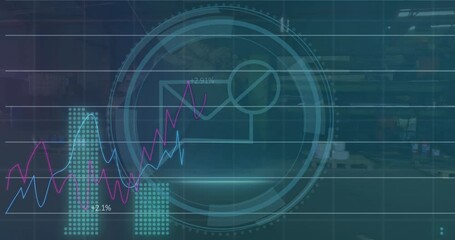 Poster - Animation of cyber security text, shield, loading circles and graphs over aerial view of warehouse