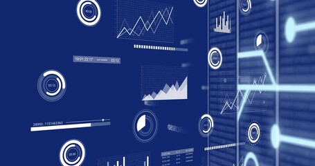 Poster - Animation of multiple graphs, loading circles and bars with binary codes on server racks