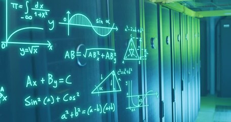 Sticker - Animation of mathematical equation and diagrams over data server room