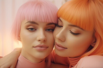 Heartwarming image of two women with pink hair embracing each other. Friendship, diversity, and inclusivity. Ideal for social media posts, blog articles, and LGBTQ related content.