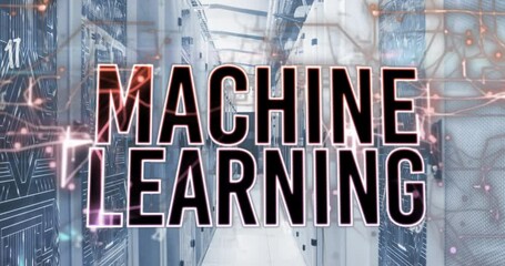 Aufkleber - Animation of machine learning texts, numbers over circuit board pattern on data server racks