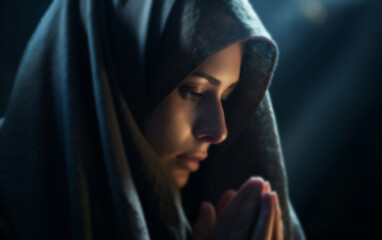 Wall Mural - Close up face of middle eastern woman praying in church. Religion concept.