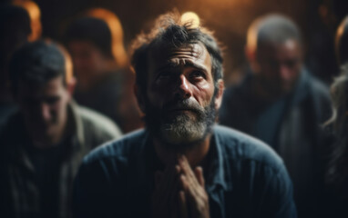 Wall Mural - mature man praying to god in room with others in background. religious concept.