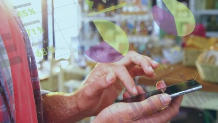 Poster - Animation of statistical data processing over mid section of man using smartphone at grocery store