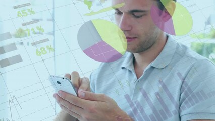 Poster - Animation of statistical data processing against portrait of caucasian man using a smartphone