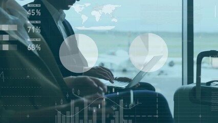 Poster - Animation of data processing over mid section of businessman using smartphone at an airport