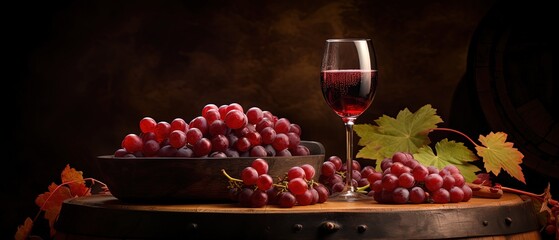 close up a wine glass with  red grape and wine barrel background, generative Ai