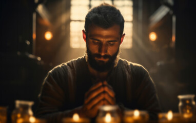 Wall Mural - mature man praying to god in room with candle light. religious concept.
