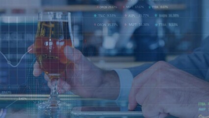 Poster - Animation of stock market data processing over mid section of a man using smartphone enoying a drink