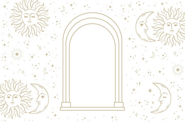 Wall Mural - gold sun and crescent moon with face background illustration. vector hand drawn mystical element.