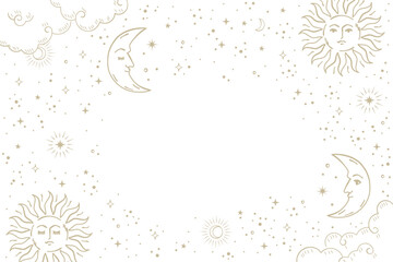 Wall Mural - gold sun and crescent moon with face background illustration. vector hand drawn mystical element.