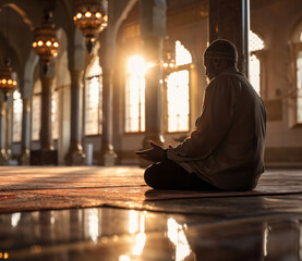 Wall Mural - muslim man praying in mosque at sunset. spiritual connection with god. religion concept.