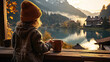 Woman in knitted scarf relaxing drinking coffee from clay cup enjoying nature on wooden boat near lake, mountains and forest at sunrise created with Generative AI Technology