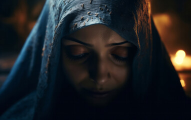 Wall Mural - close up face of middle eastern woman praying in church. religion concept.