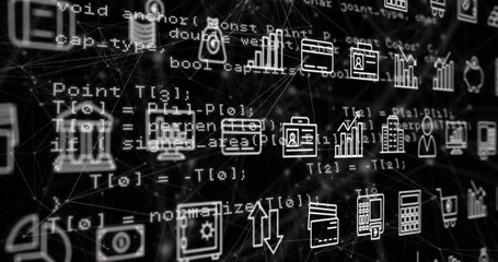 Poster - Animation of interface with multiple digital icons, data processing and network of connections