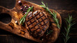 photograph of Top view of Grilled beef steak on wooden board.generative ai