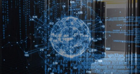Poster - Animation of data processing over spinning globe against computer server room