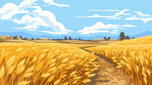 Rural Landscape With Ripe Wheat Fields And Blue Sky On Background. Sunny Autumn Day. Vector