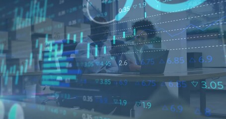 Poster - Animation of stock market data processing over african american man and woman discussing at office
