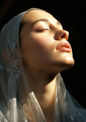Wall Mural - young muslim woman lifting her head in prayer. sunlight on her face. religion concept.