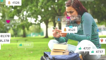 Poster - Animation of social media icons against biracial woman smiling while using smartphone in the park