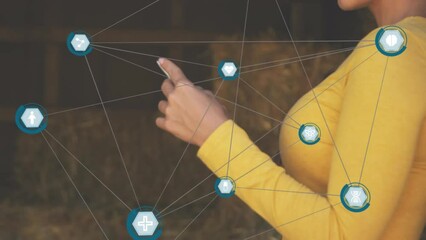 Poster - Animation of network of digital icons over caucasian woman smiling while using smartphone at a cafe