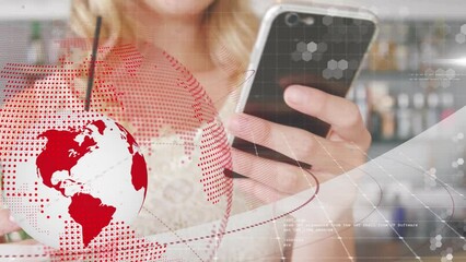 Poster - Animation of spinning globe against mid section of a woman using smartphone at a bar