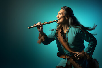 Colorful studio portrait of a native american flutist playing a wooden flute. Bold, vibrant and minimalist. Generative AI