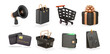 shopping 3d render realistic icon set. Basket, gift, megaphone, credit card, discount label, shopping cart black friday 3d icon.