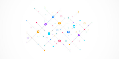 Poster - Information technology background with infographic elements and flat icons. Digital technology, network connection and communication concept. Vector illustration