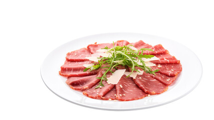 Wall Mural - Carpaccio is a popular Italian appetizer or first course that typically consists of thinly sliced or pounded raw meat