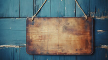 Blank Wooden Sign Hanging On An Old Blue Wooden Door.