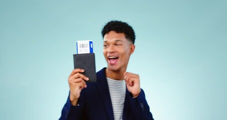 Sticker - Dance, face or happy man with a passport in studio for holiday travel or vacation on blue background. Smile, excited winner or portrait of a tourist with a ticket or documentation in celebration