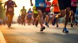 A group of people running in a race, a close up shot of the runners' legs, early morning, runners