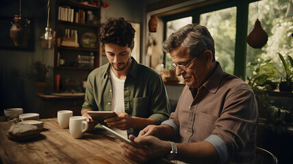 they are two men sitting at a table looking at a tablet Generative AI