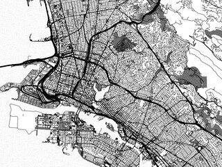 greyscale vector city map of oakland california in the united states of america with with water, fie