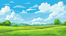 Meadow Landscape With Grass. Blue Sky With White Clouds. Flat Valley Landscape. Empty Green Field On Sunny Summer Day. Vector