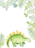 Fototapeta Dinusie - Watercolor card with cute stegosaurus. Hand drawn illustration