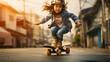 arafed child riding a skateboard down a city street Generative AI