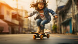 arafed child riding a skateboard down a city street Generative AI