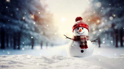 Sticker - happy smiling snowman on the background of a winter forest. Christmas card. Generative Ai