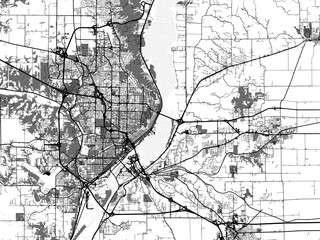 greyscale vector city map of peoria illinois in the united states of america with with water, fields