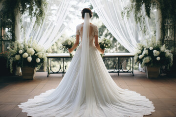 Wall Mural - elegant bride before wedding arch in summer